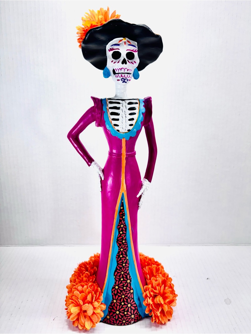 La Catrina Mexican Skeleton Orange Flowers Figurine Day Of The Dead Art 15"